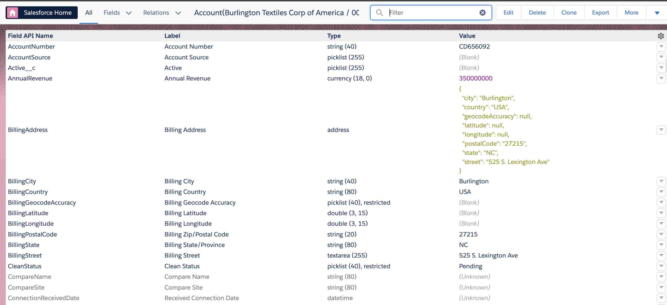 Field Details of record in Salesforce Screenshot