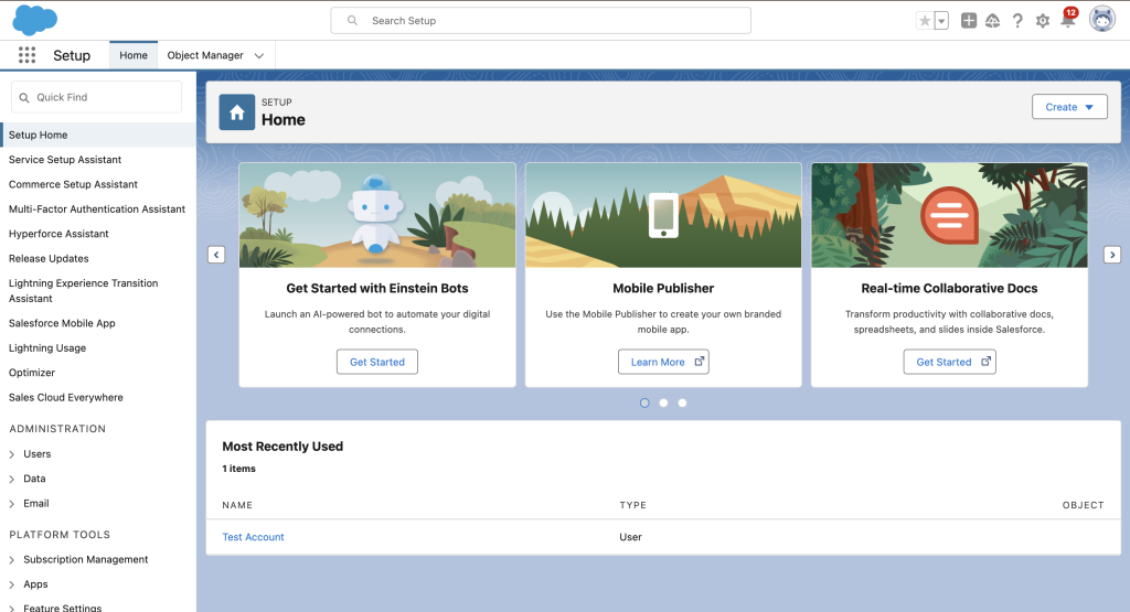 Screenshot of Home Page Salesforce Developer Edition