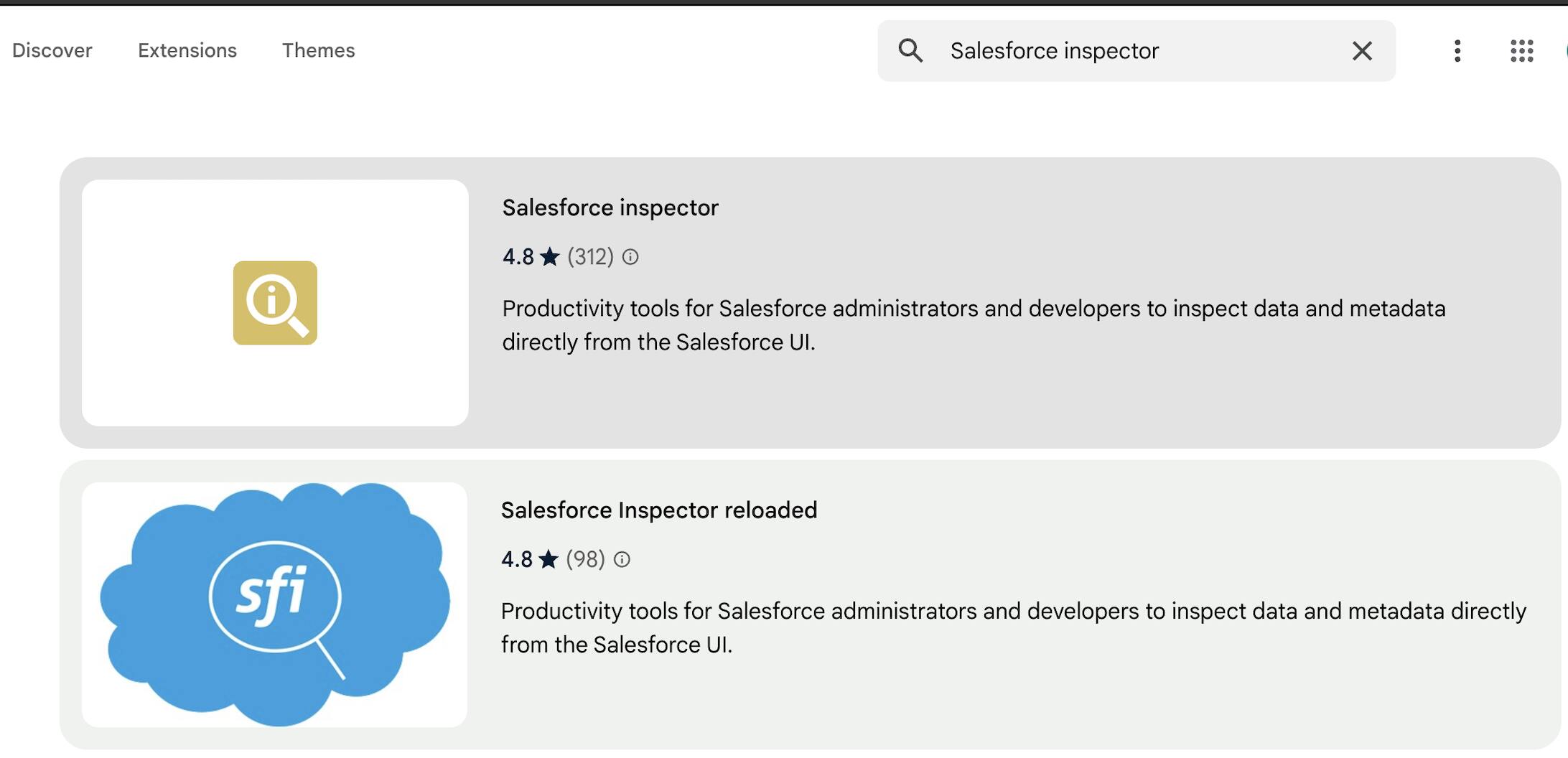 Salesforce Inspector Search Results Page Screenshot