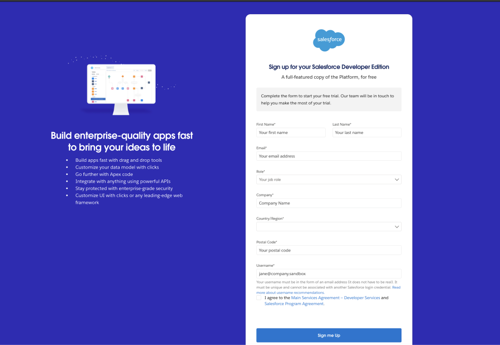 Screenshot of Sign up page for your Salesforce Developer Edition with step to create a Free Salesforce Developer Org