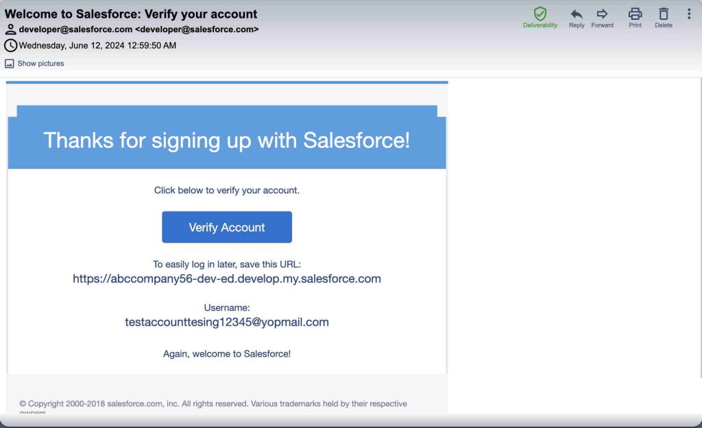 Screenshot of Welcome Email for Verification