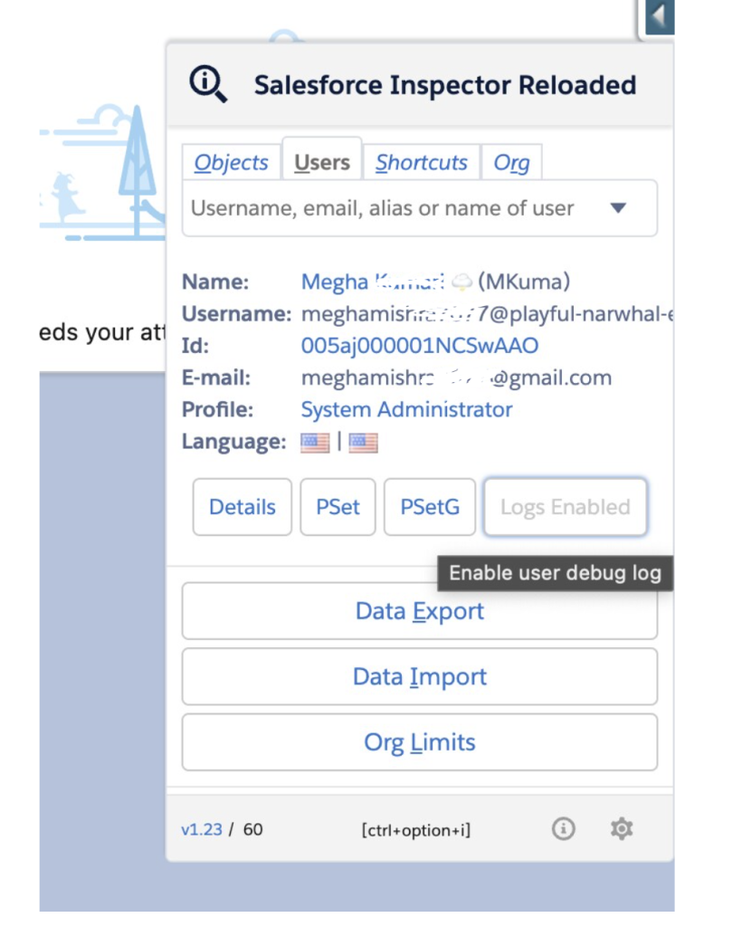 Debug Logs Enable Screenhot Salesforce Inspector Reloaded